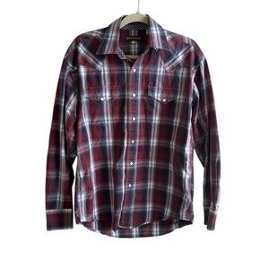 Stetson Men's Burgundy and Navy Plaid Shirt With pearl snap buttons